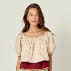 English Factory Colorblock Rickrack Trim Puff Sleeve Cotton Top Cottagecore